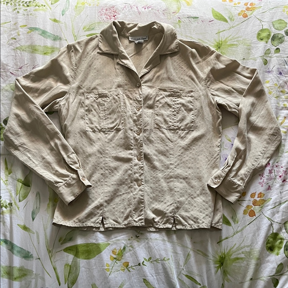 Vintage 100% Silk Anna And Frank Tan Button Up Blouse